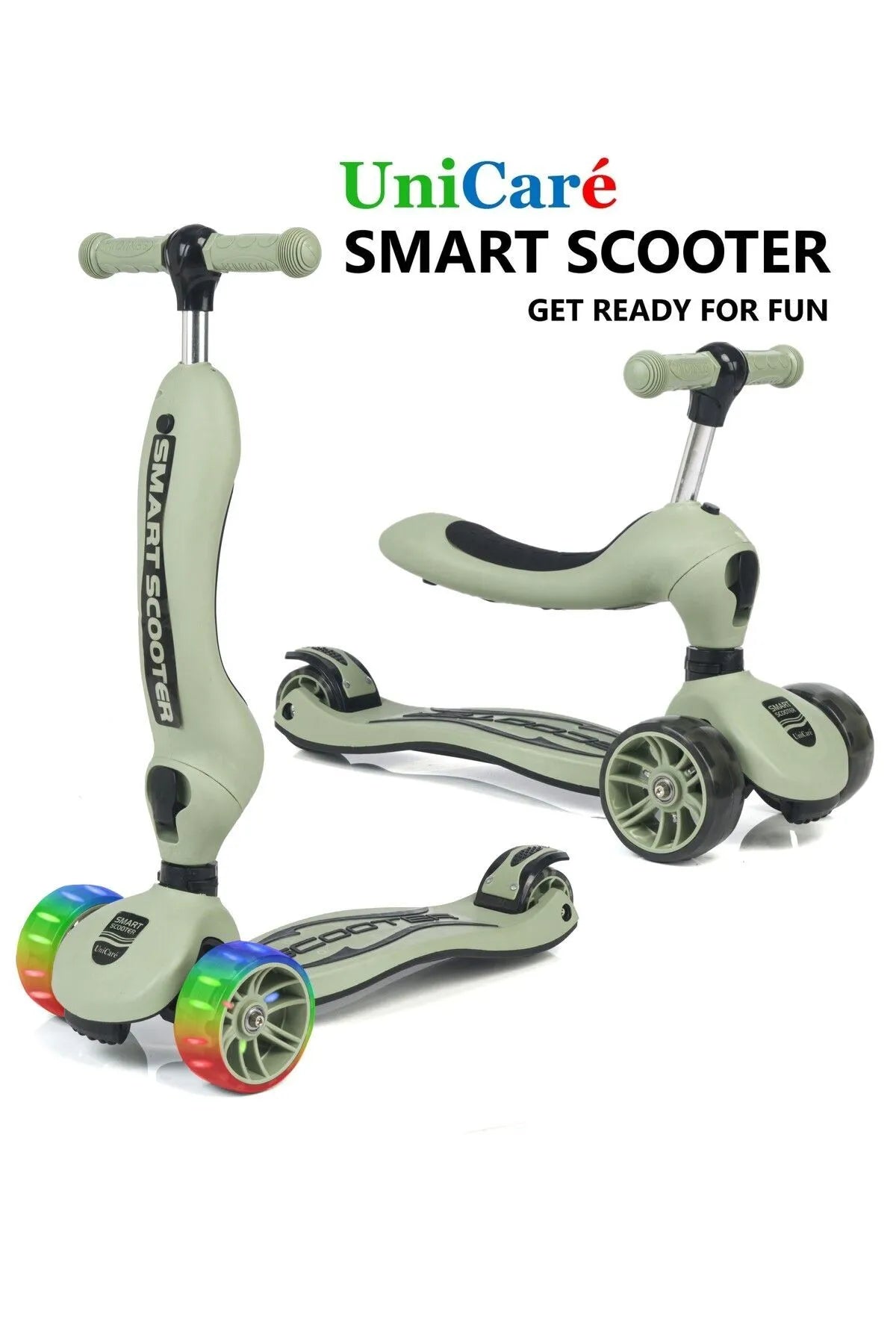 Smart Oturaklı Çocuk Scooter 3 Tekerlekli Led Işıklı Scooter Yükseklik Ayarlı - Gri