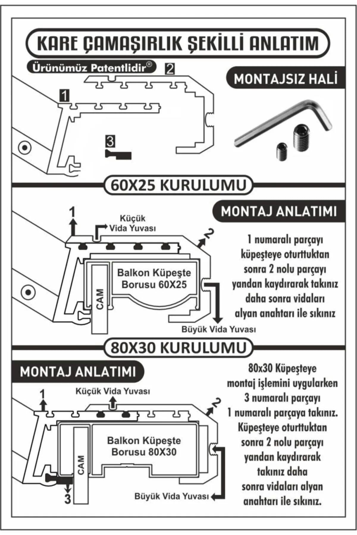 Balkon Çamaşır Kurutmalık Askılığı Kare Küpeşte Balkon Askısı 80x30 MM - 60x25 MM