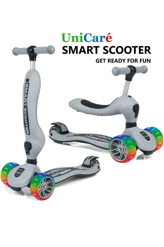 Smart Oturaklı Çocuk Scooter 3 Tekerlekli Led Işıklı Scooter Yükseklik Ayarlı - Gri