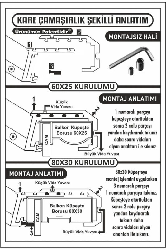Balkon Çamaşır Kurutmalık Askılığı Kare Küpeşte Balkon Askısı 80x30 MM - 60x25 MM