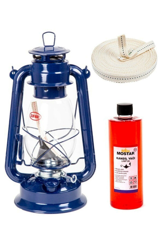 Mavi Dekoratif/nostalji Mavi Büyük Gemici Feneri 400 ml Kandil Yağı 1 Mt Fitil